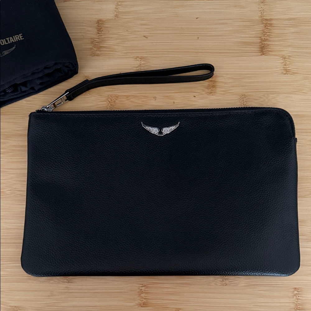 Zadig & Voltaire Black Leather Wristlet Pouch with Silver Logo - Medium/Large